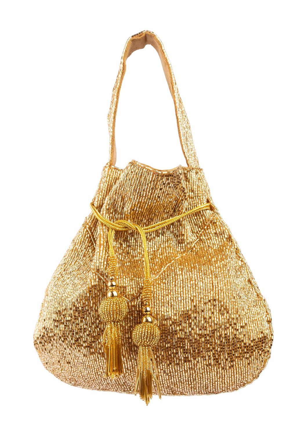 Gold cut dana handcrafted potli bag with bead embroidery drawstring closure tassels festive wedding ethnic accessory