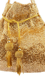 Gold cut dana handcrafted potli bag with bead embroidery drawstring closure tassels festive wedding ethnic accessory