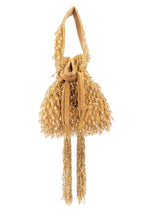 Suede potli bag with cutdana and crystal work cascading embellishments drawstring closure and handle for wedding and festive wear