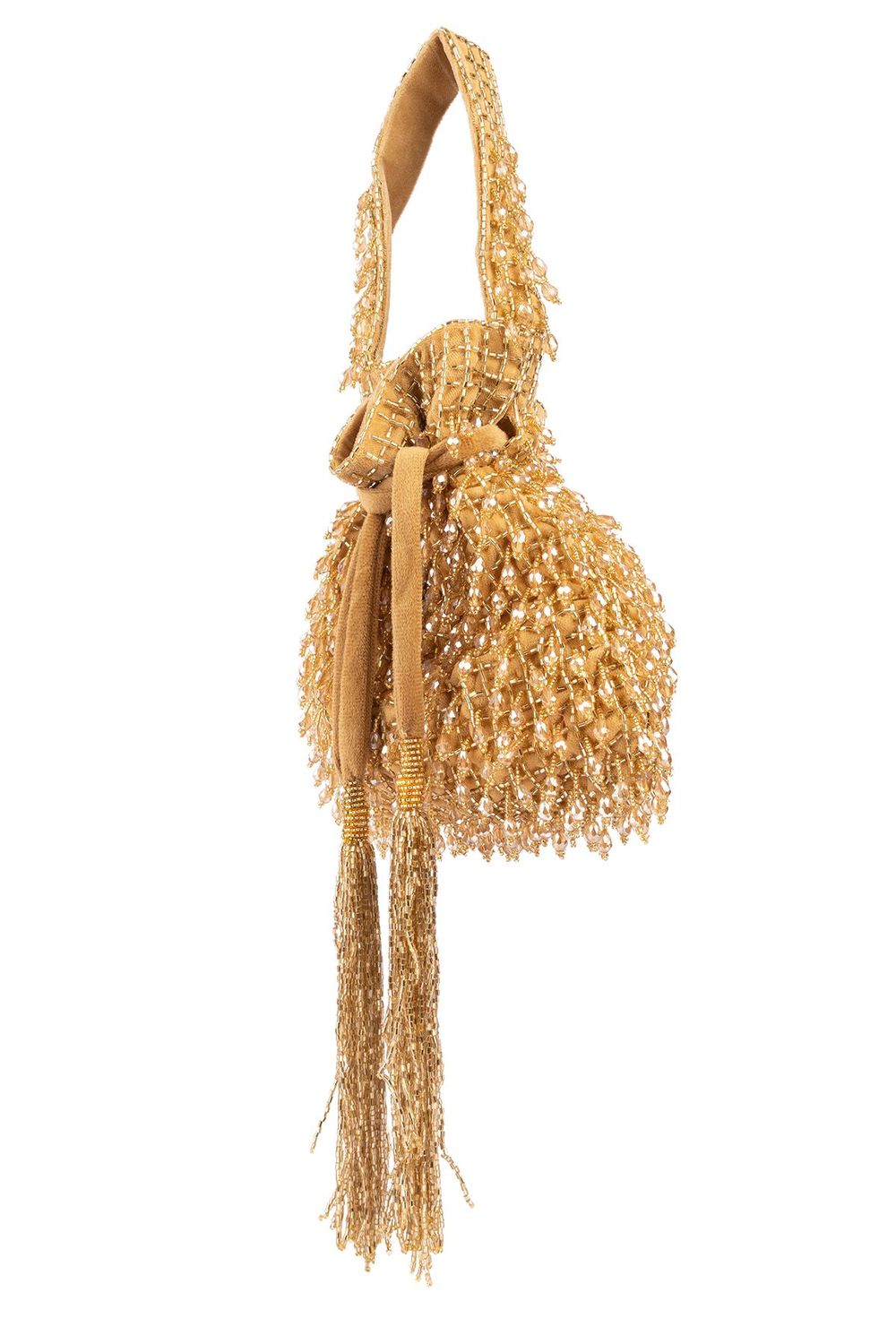 Suede potli bag with cutdana and crystal work cascading embellishments drawstring closure and handle for wedding and festive wear