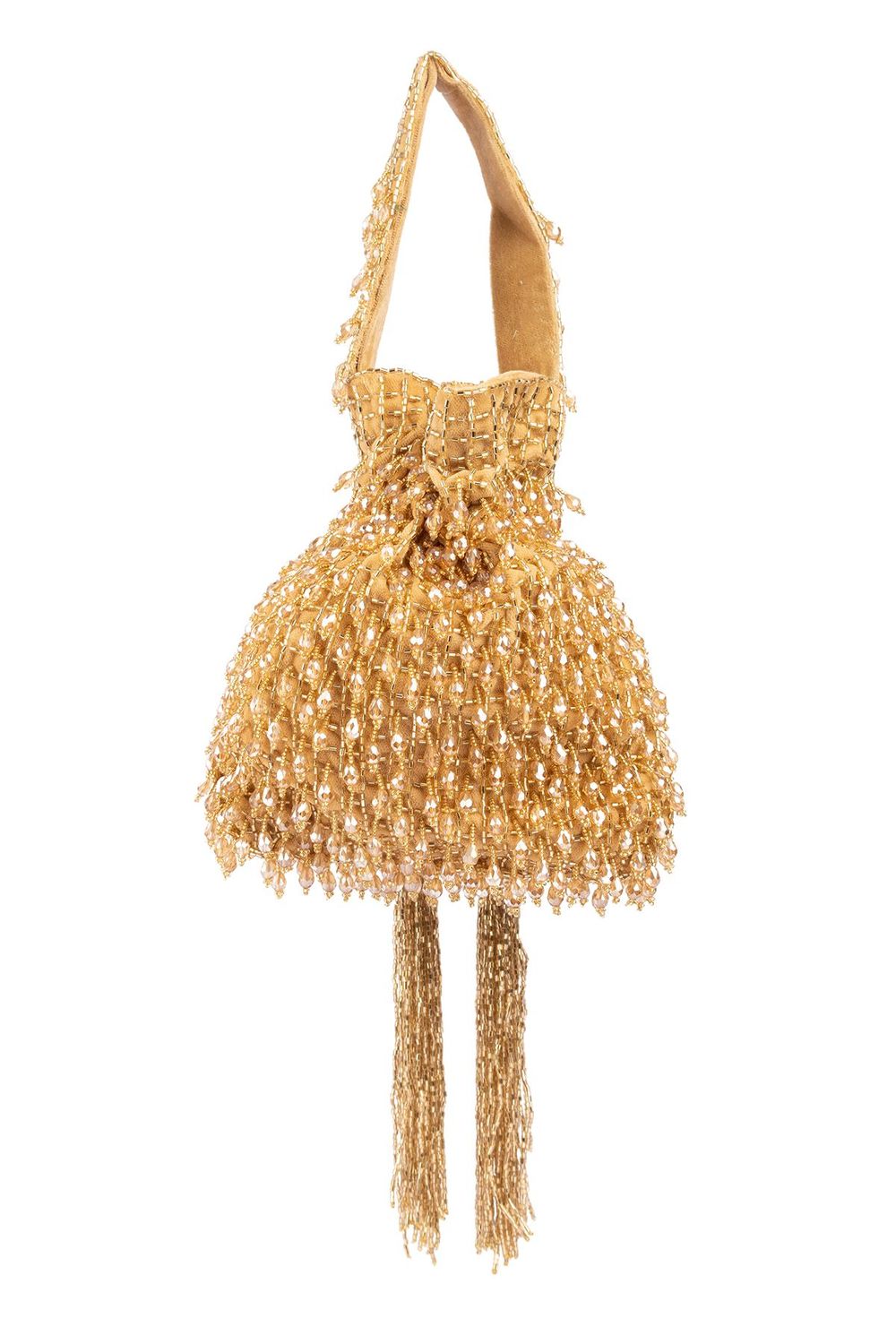 Suede potli bag with cutdana and crystal work cascading embellishments drawstring closure and handle for wedding and festive wear