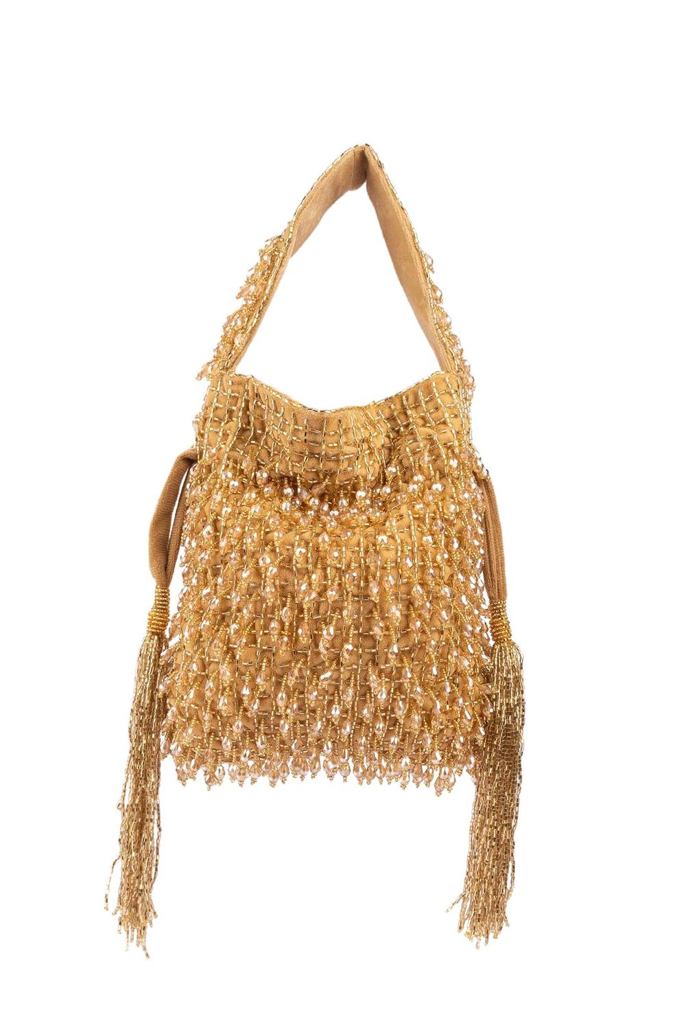 Suede potli bag with cutdana and crystal work cascading embellishments drawstring closure and handle for wedding and festive wear