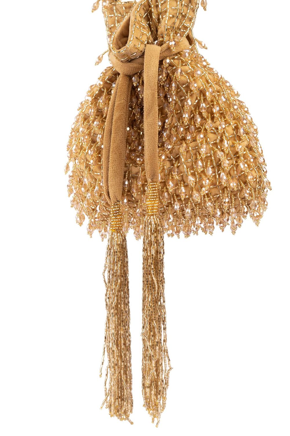 Suede potli bag with cutdana and crystal work cascading embellishments drawstring closure and handle for wedding and festive wear