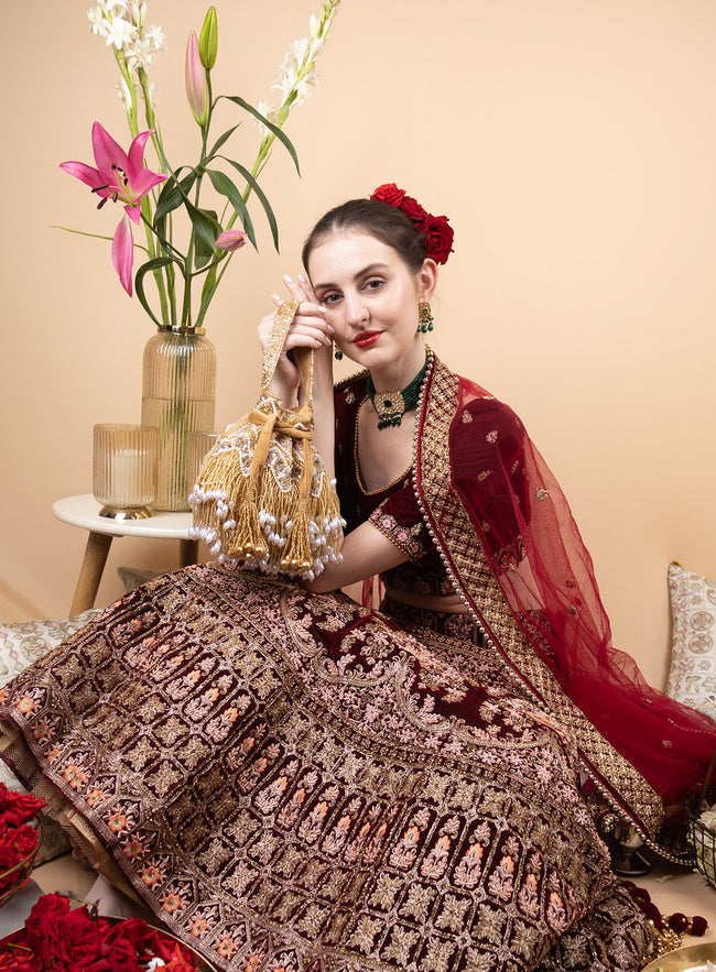 Gold Velvet Cutdana & Pearl Embellished Potli Bag Main Image