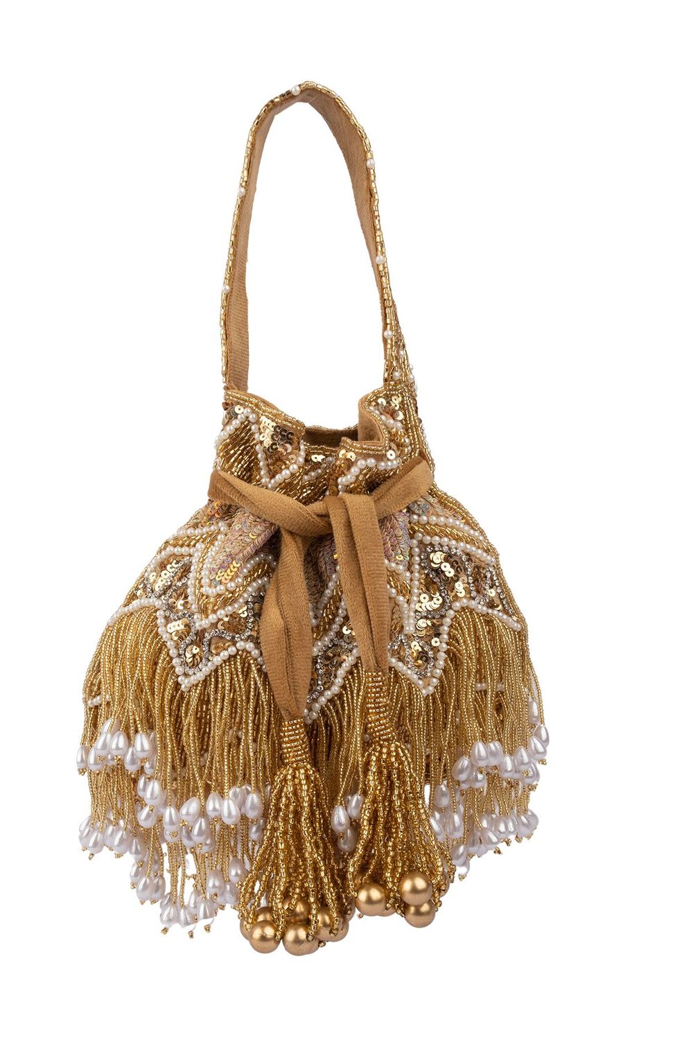 Gold velvet potli bag with cutdana pearl and stone embellishments with drawstring and handle for wedding and festive wear