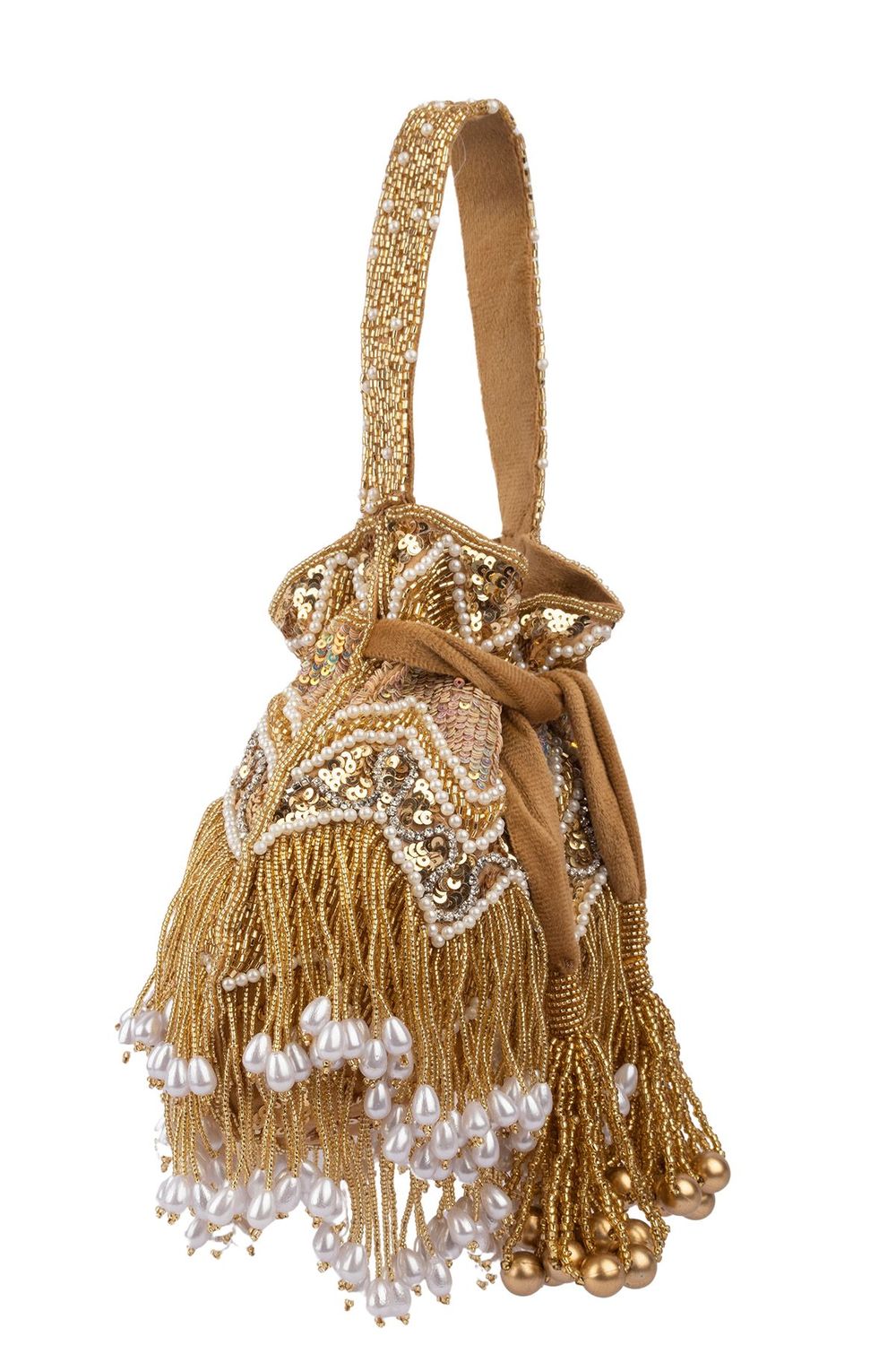 Gold velvet potli bag with cutdana pearl and stone embellishments with drawstring and handle for wedding and festive wear