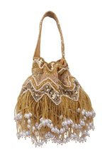 Gold velvet potli bag with cutdana pearl and stone embellishments with drawstring and handle for wedding and festive wear