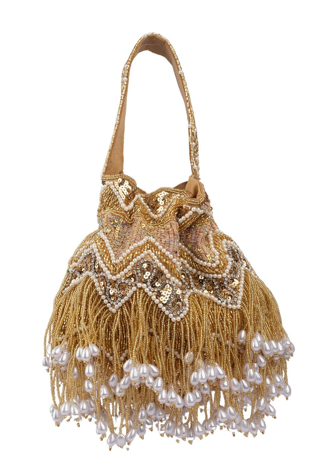 Gold velvet potli bag with cutdana pearl and stone embellishments with drawstring and handle for wedding and festive wear