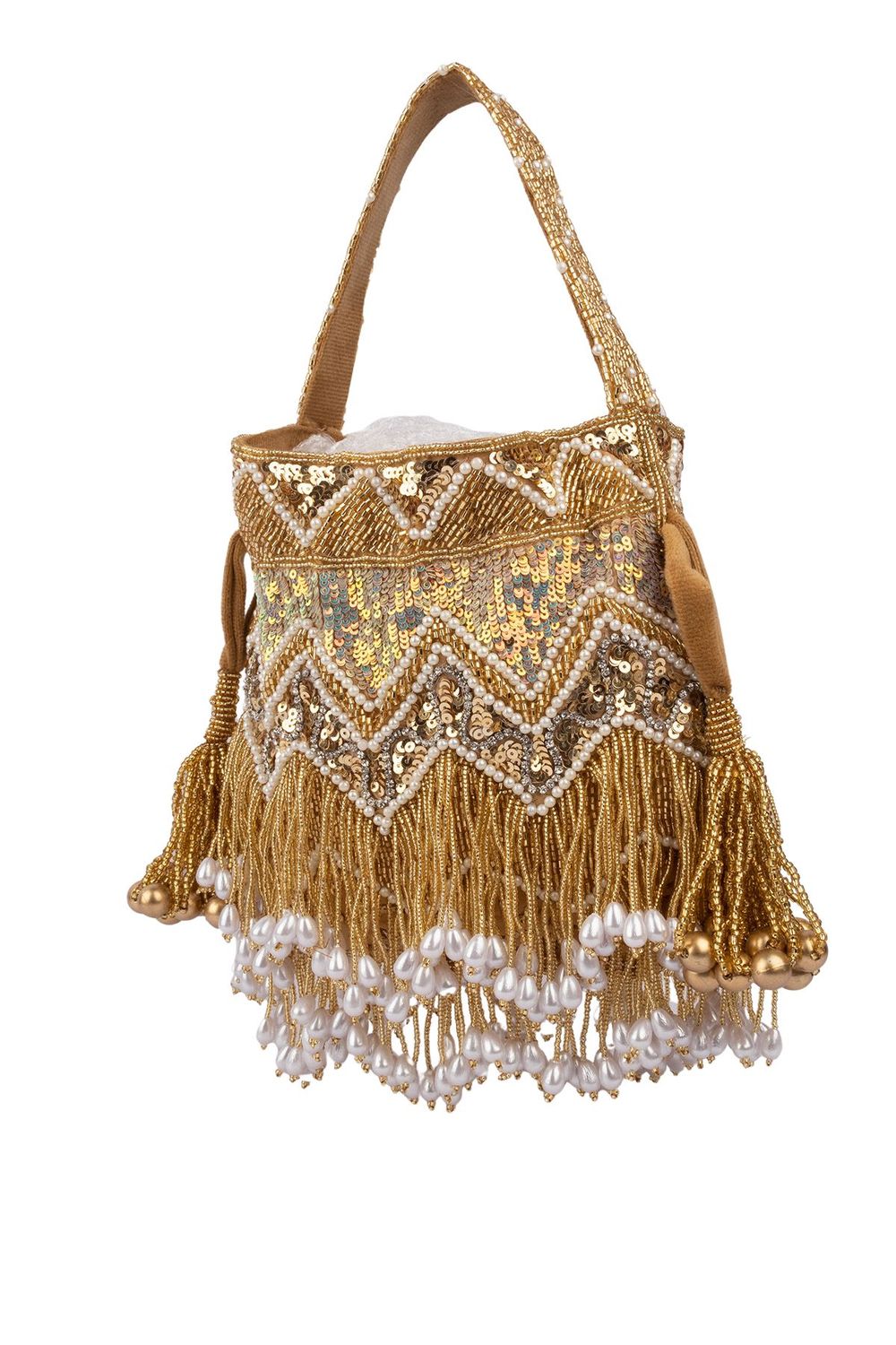 Gold velvet potli bag with cutdana pearl and stone embellishments with drawstring and handle for wedding and festive wear