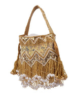 Gold velvet potli bag with cutdana pearl and stone embellishments with drawstring and handle for wedding and festive wear