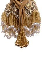 Gold velvet potli bag with cutdana pearl and stone embellishments with drawstring and handle for wedding and festive wear