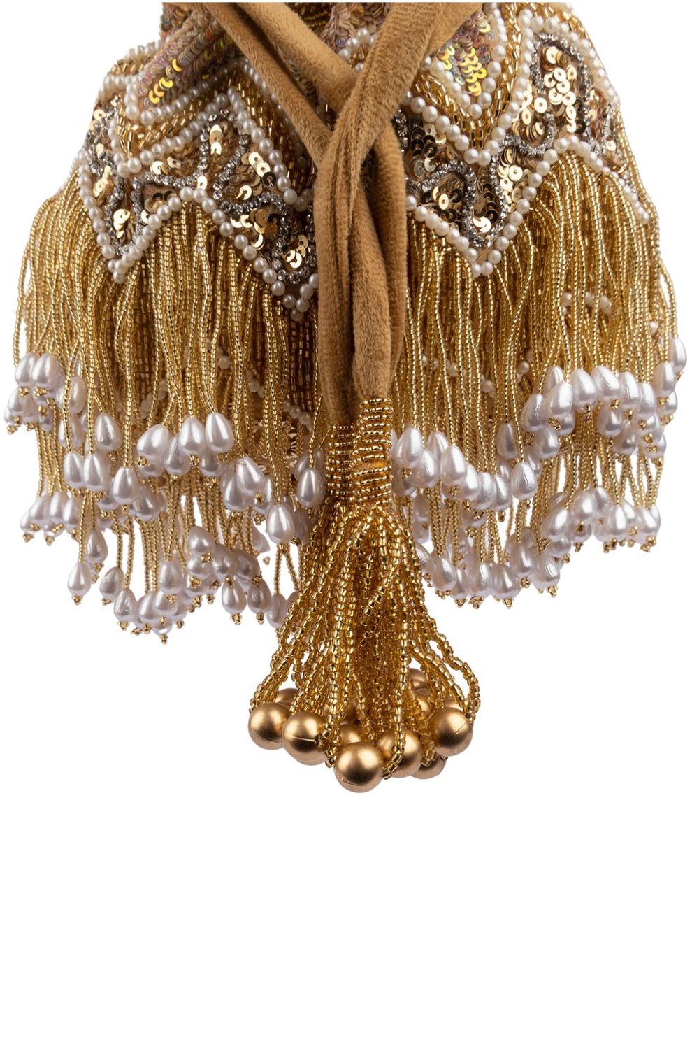 Gold velvet potli bag with cutdana pearl and stone embellishments with drawstring and handle for wedding and festive wear