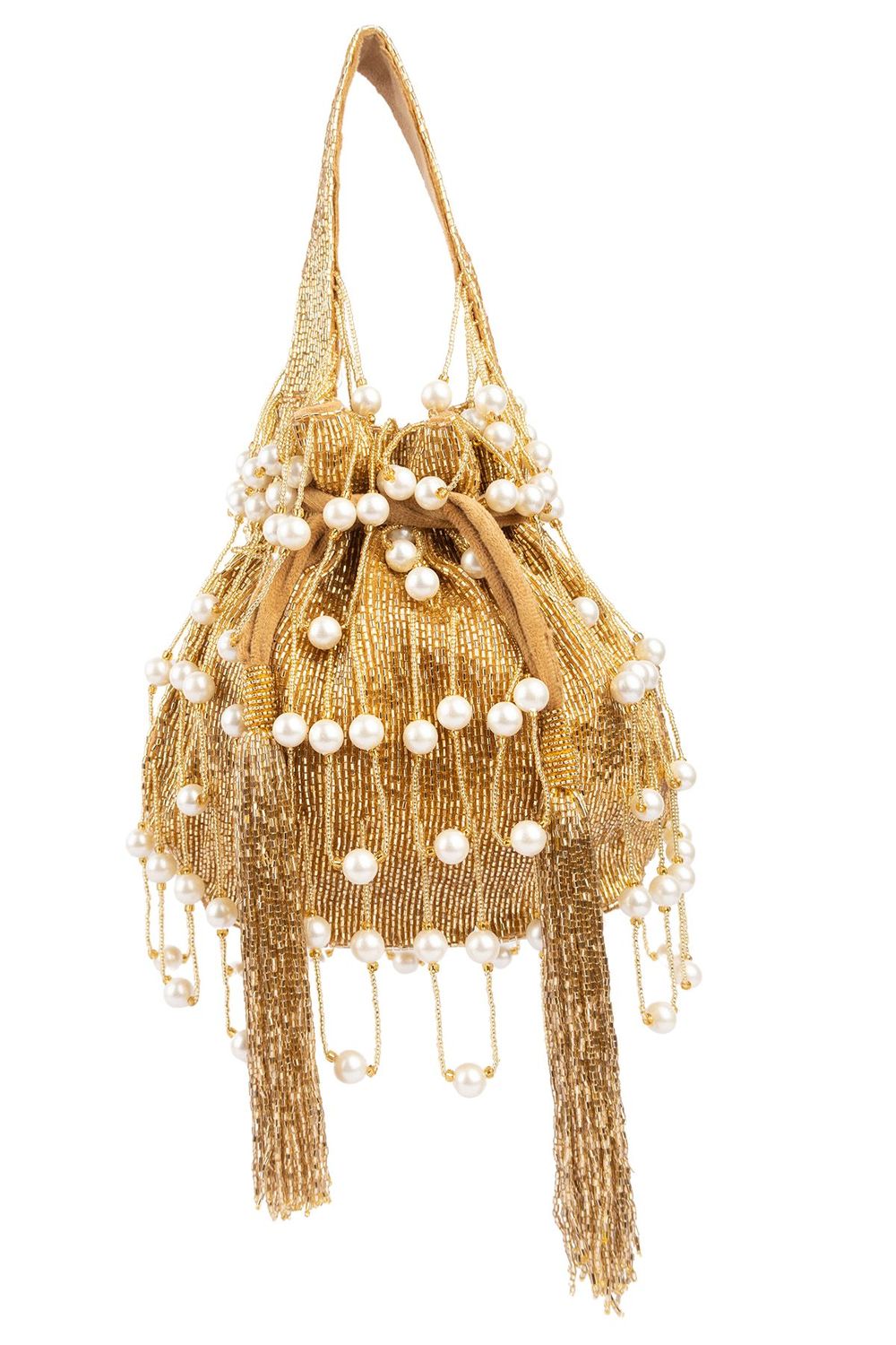 Gold handcrafted potli bag with cut dana and pearl work heart handle and chain strap for wedding and festive wear