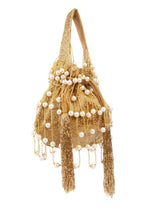 Gold handcrafted potli bag with cut dana and pearl work heart handle and chain strap for wedding and festive wear
