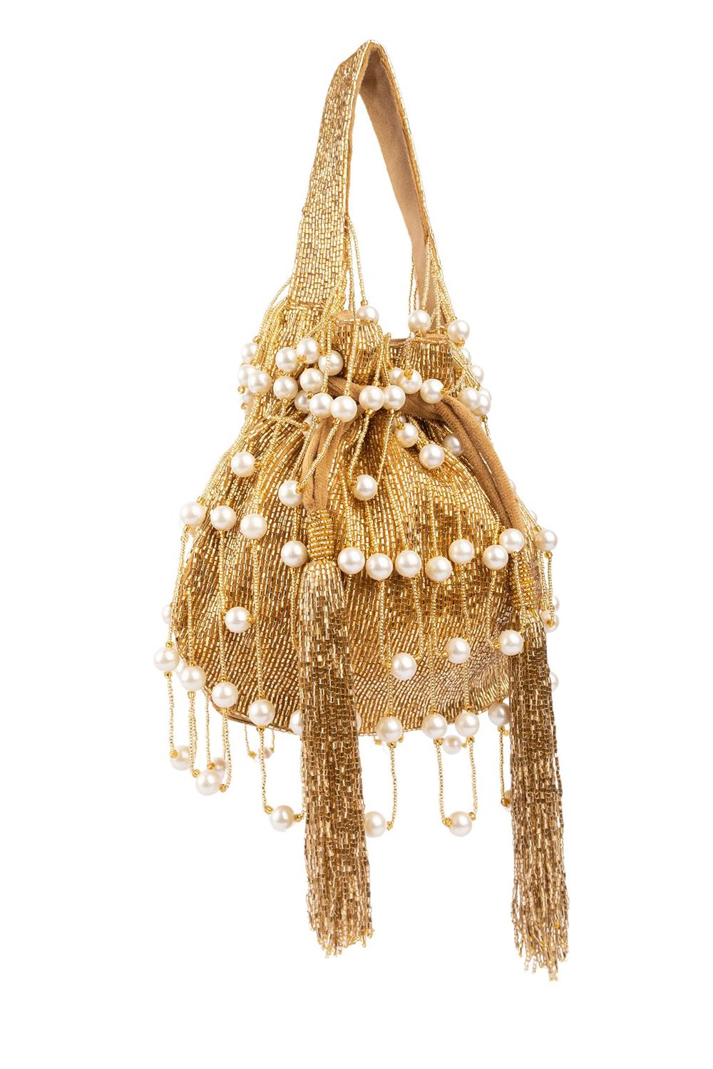 Gold handcrafted potli bag with cut dana and pearl work heart handle and chain strap for wedding and festive wear