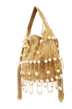 Gold handcrafted potli bag with cut dana and pearl work heart handle and chain strap for wedding and festive wear
