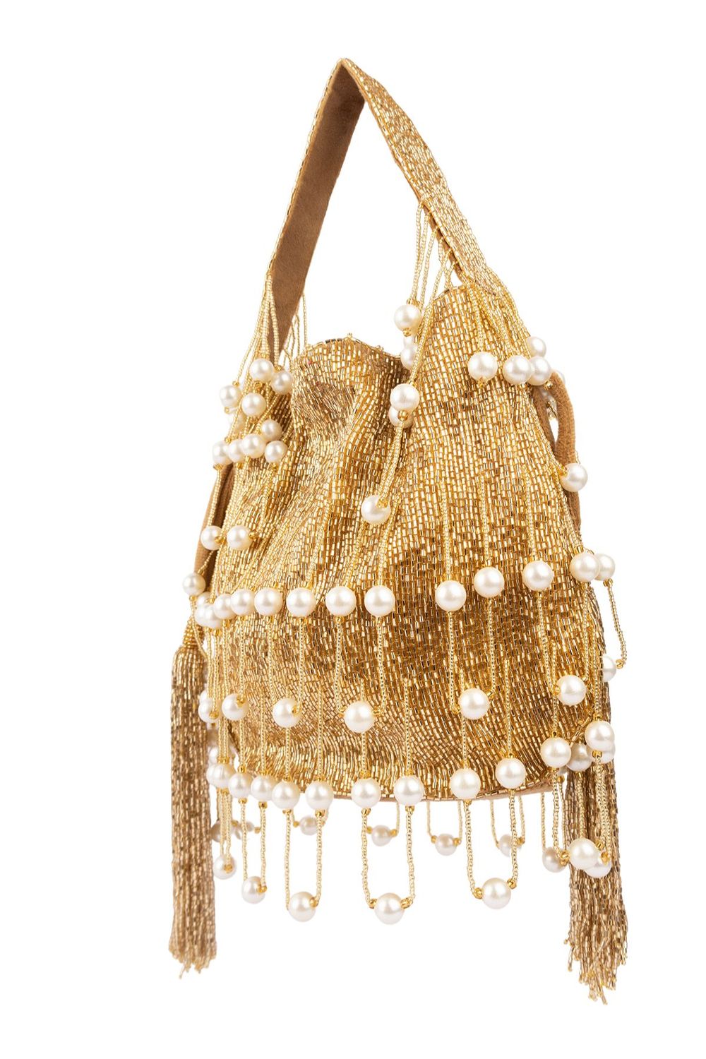 Gold handcrafted potli bag with cut dana and pearl work heart handle and chain strap for wedding and festive wear
