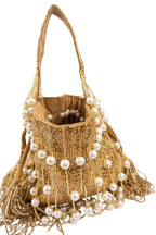 Gold handcrafted potli bag with cut dana and pearl work heart handle and chain strap for wedding and festive wear