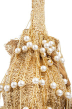 Gold handcrafted potli bag with cut dana and pearl work heart handle and chain strap for wedding and festive wear