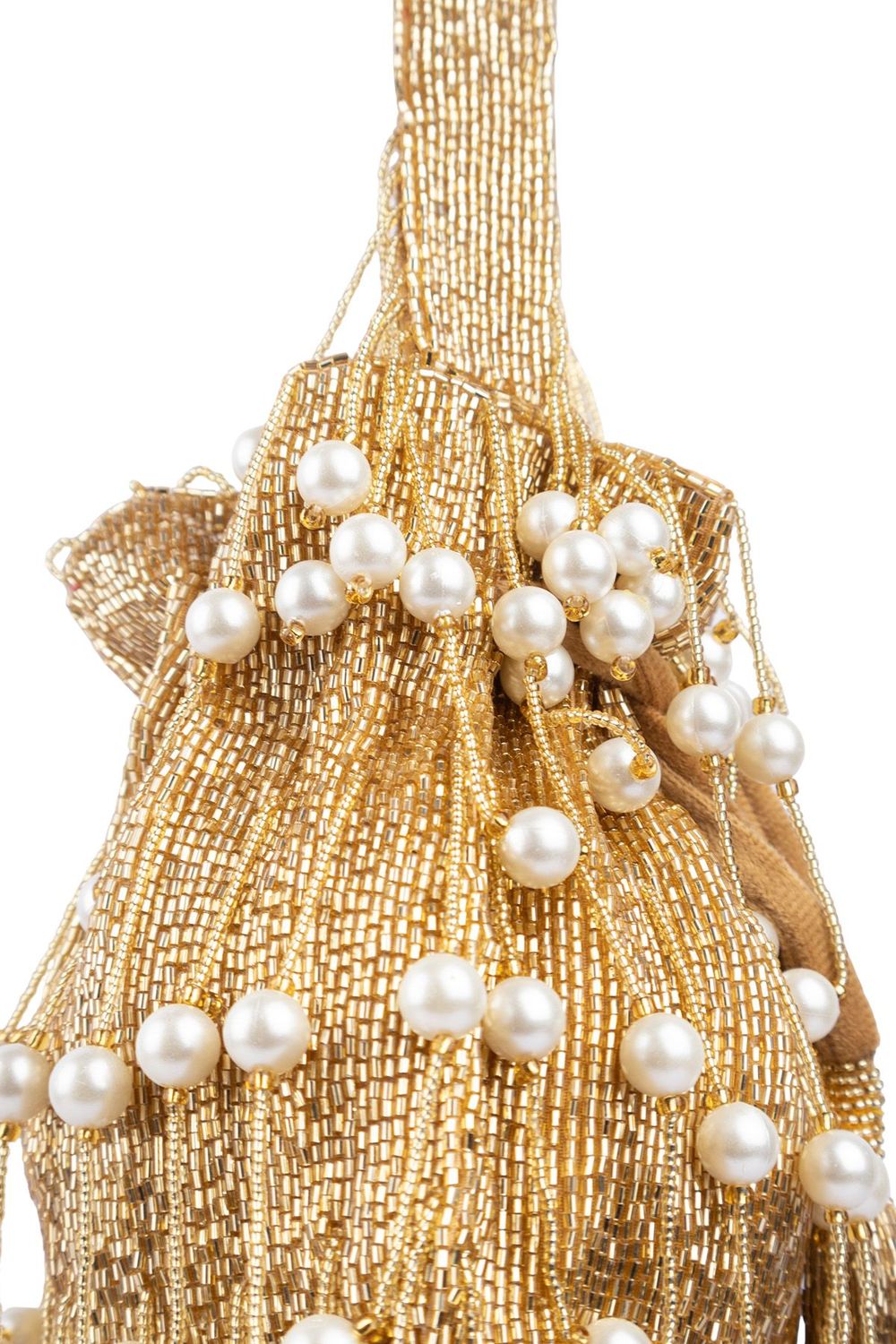 Gold handcrafted potli bag with cut dana and pearl work heart handle and chain strap for wedding and festive wear