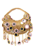 Gold beaded mirror work handle bag with pink accents and mirror embellishments for wedding and festive wear