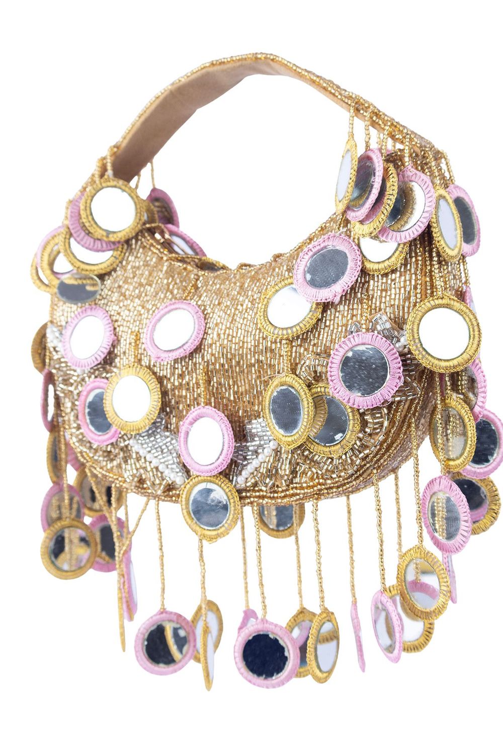 Gold beaded mirror work handle bag with pink accents and mirror embellishments for wedding and festive wear