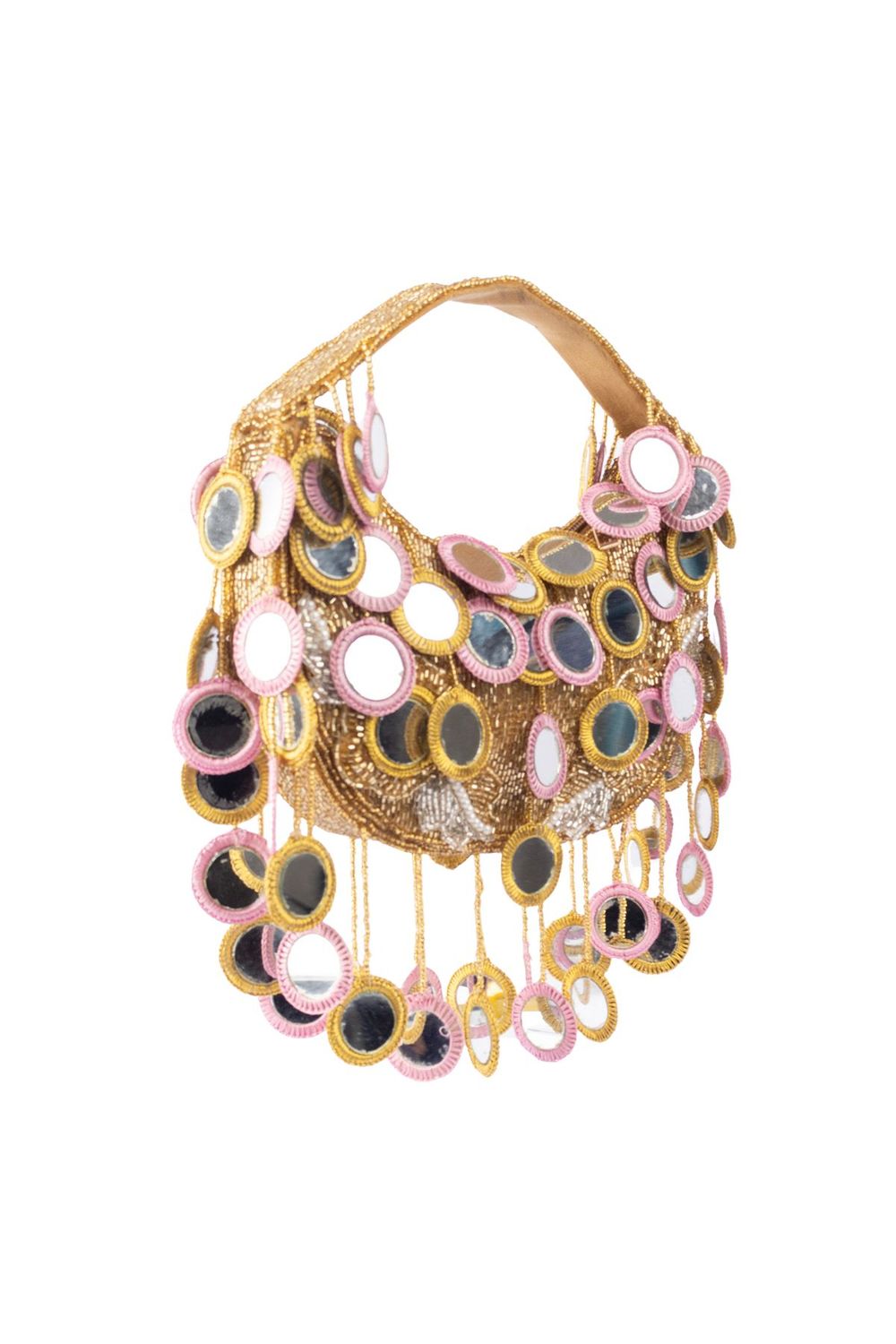 Gold beaded mirror work handle bag with pink accents and mirror embellishments for wedding and festive wear