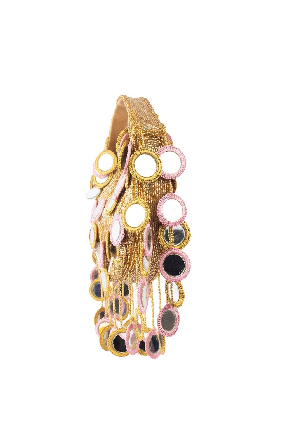 Gold beaded mirror work handle bag with pink accents and mirror embellishments for wedding and festive wear
