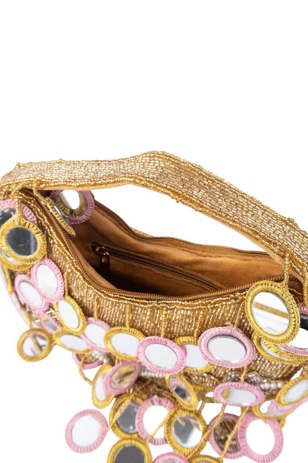 Gold beaded mirror work handle bag with pink accents and mirror embellishments for wedding and festive wear