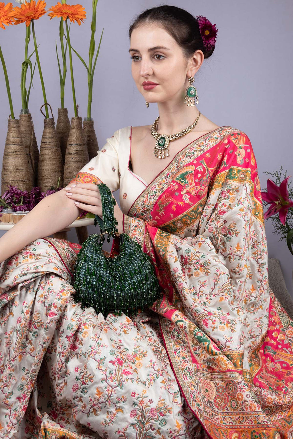 Green sequin and bead embellished elegant clutch bag with suede lining for wedding and party wear