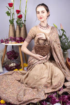 Brown cut dana floral embroidered half-moon evening handbag with suede lining for wedding and party wear