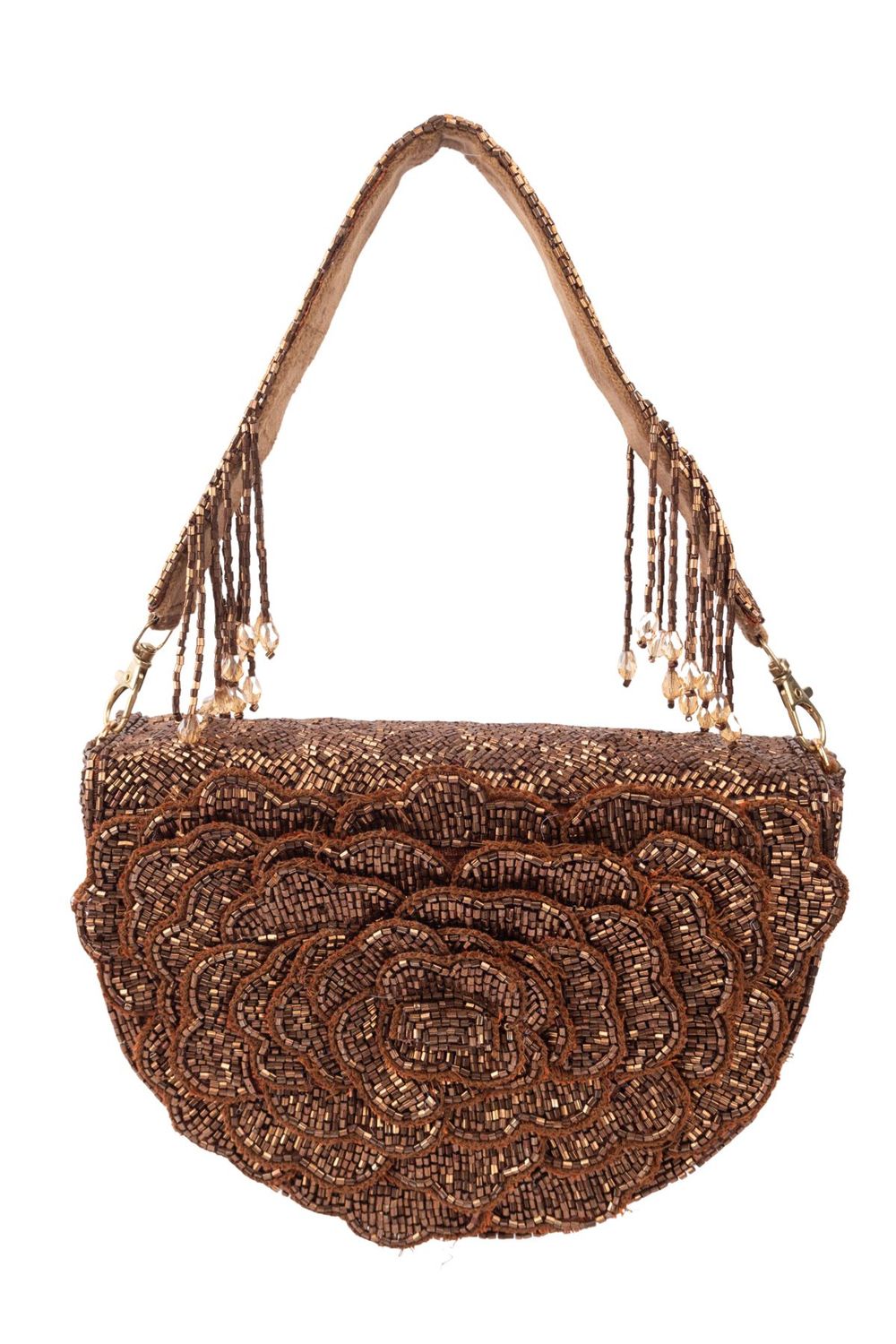 Brown cut dana floral embroidered half-moon evening handbag with suede lining for wedding and party wear