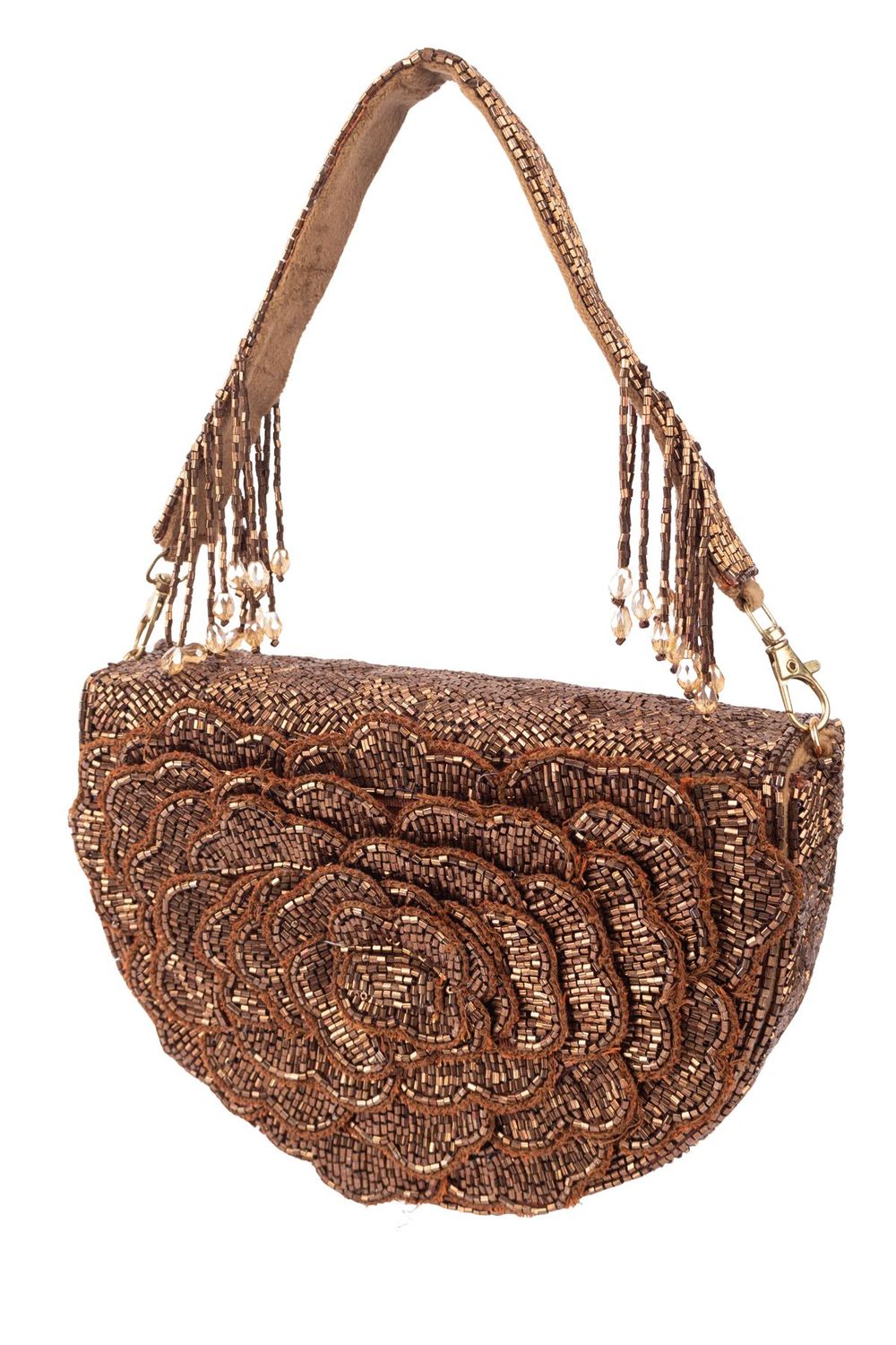 Brown cut dana floral embroidered half-moon evening handbag with suede lining for wedding and party wear
