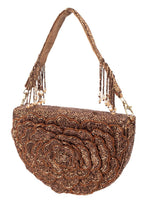 Brown cut dana floral embroidered half-moon evening handbag with suede lining for wedding and party wear