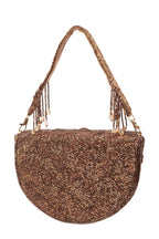 Brown cut dana floral embroidered half-moon evening handbag with suede lining for wedding and party wear