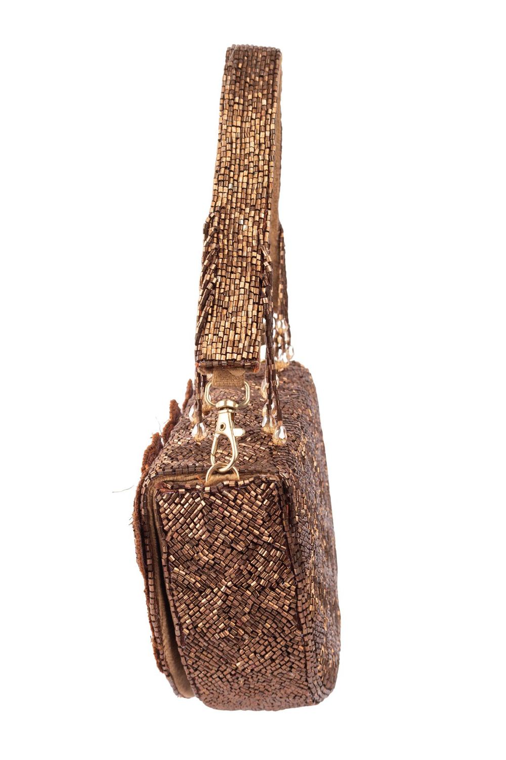 Brown cut dana floral embroidered half-moon evening handbag with suede lining for wedding and party wear