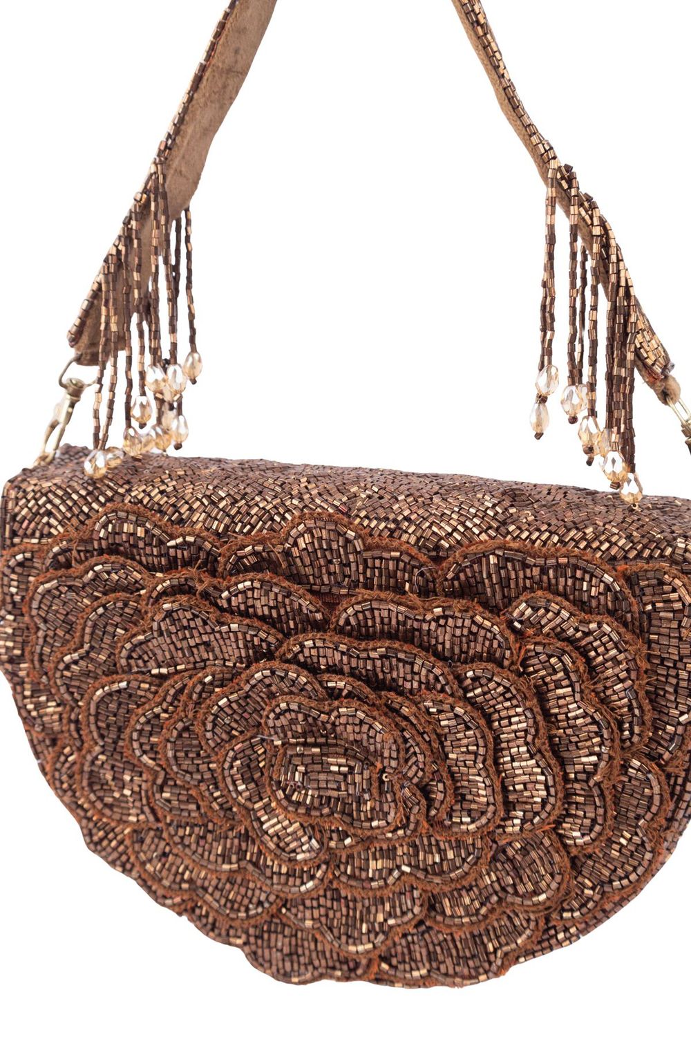 Brown cut dana floral embroidered half-moon evening handbag with suede lining for wedding and party wear