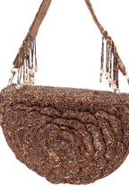 Brown cut dana floral embroidered half-moon evening handbag with suede lining for wedding and party wear