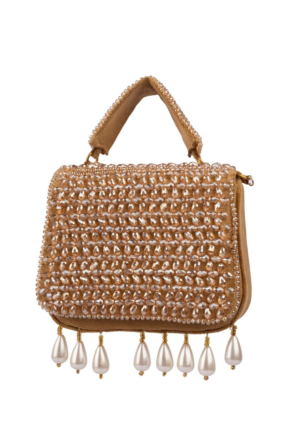 Gold crystal embellished evening handbag with structured design handle and chain strap for wedding and party wear