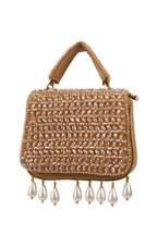 Gold crystal embellished evening handbag with structured design handle and chain strap for wedding and party wear