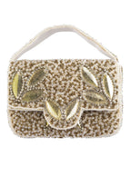 Silver hand-embellished mini clutch with diamond bead and crystal work with suede lining for party and wedding wear