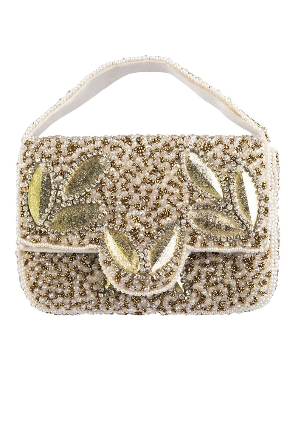 Silver hand-embellished mini clutch with diamond bead and crystal work with suede lining for party and wedding wear