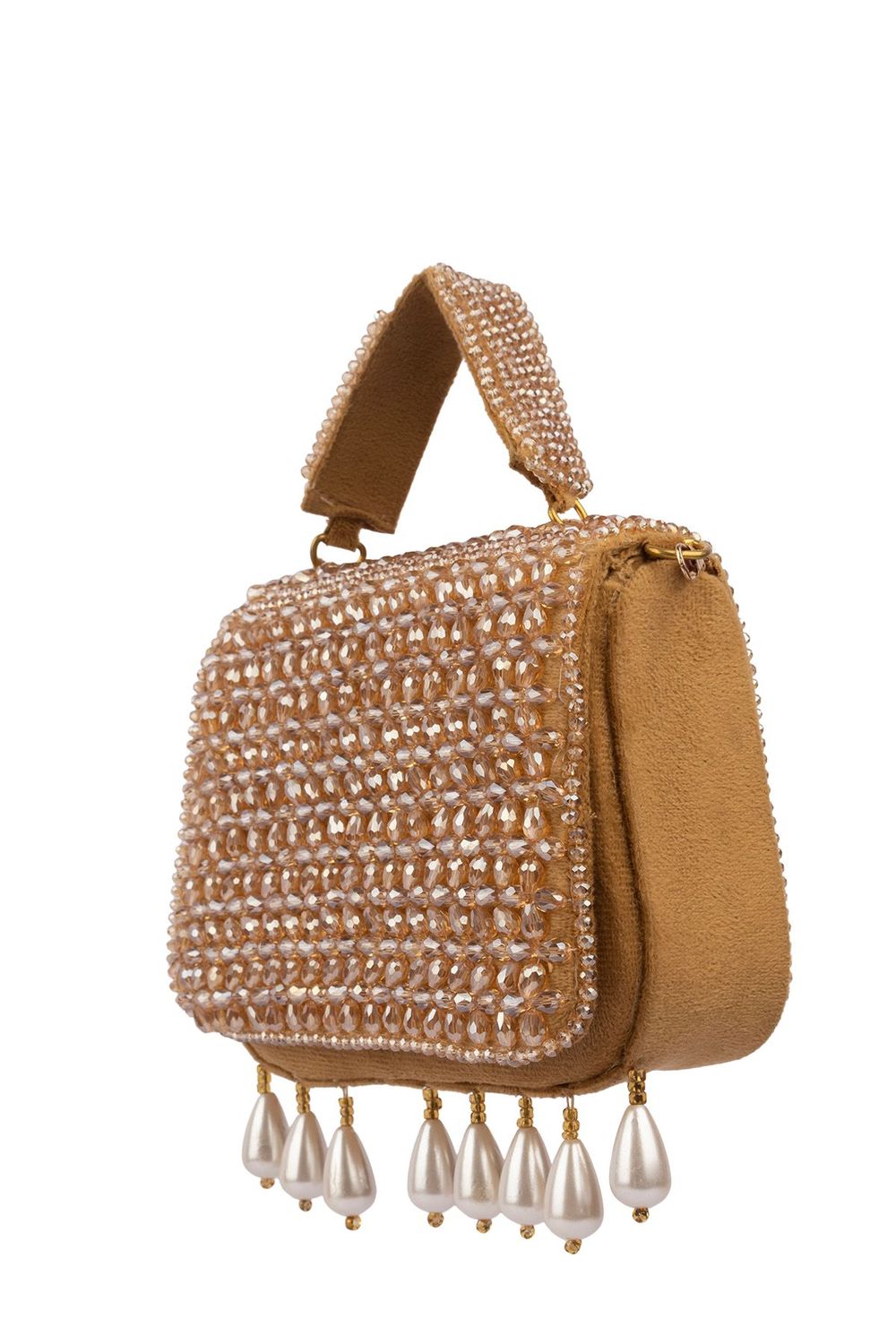 Gold crystal embellished evening handbag with structured design handle and chain strap for wedding and party wear