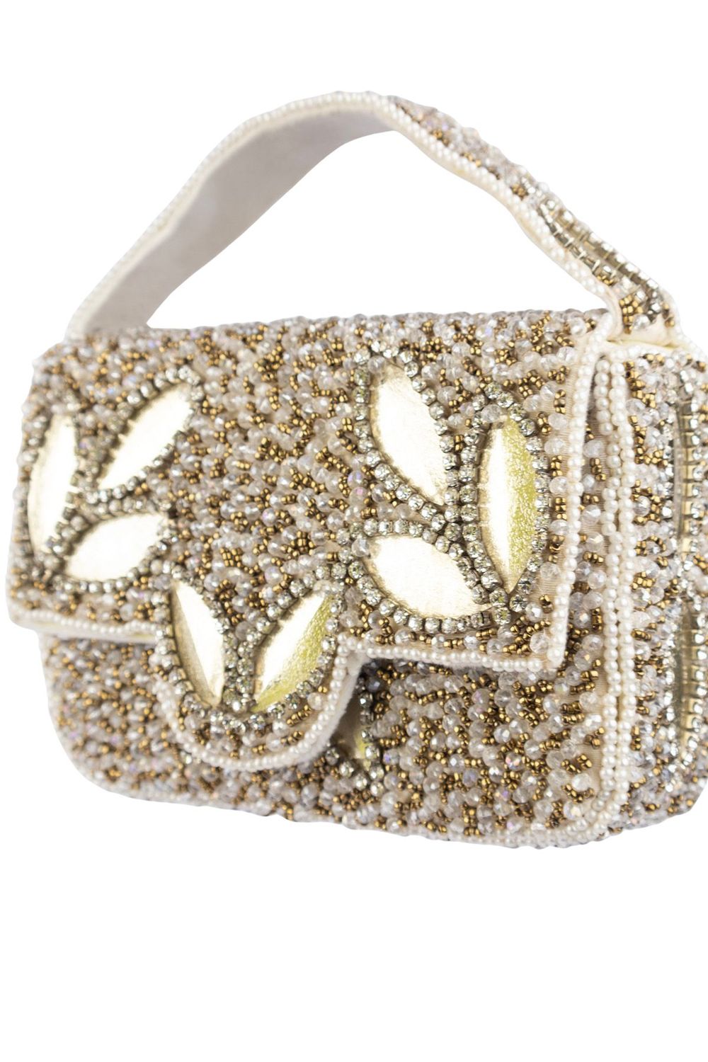 Silver hand-embellished mini clutch with diamond bead and crystal work with suede lining for party and wedding wear