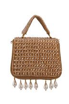 Gold crystal embellished evening handbag with structured design handle and chain strap for wedding and party wear