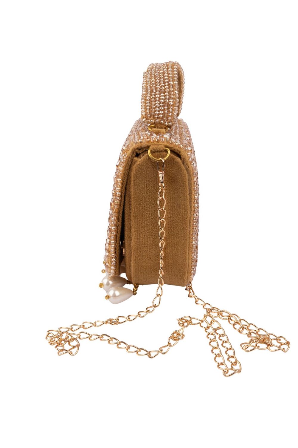 Gold crystal embellished evening handbag with structured design handle and chain strap for wedding and party wear