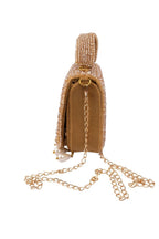 Gold crystal embellished evening handbag with structured design handle and chain strap for wedding and party wear