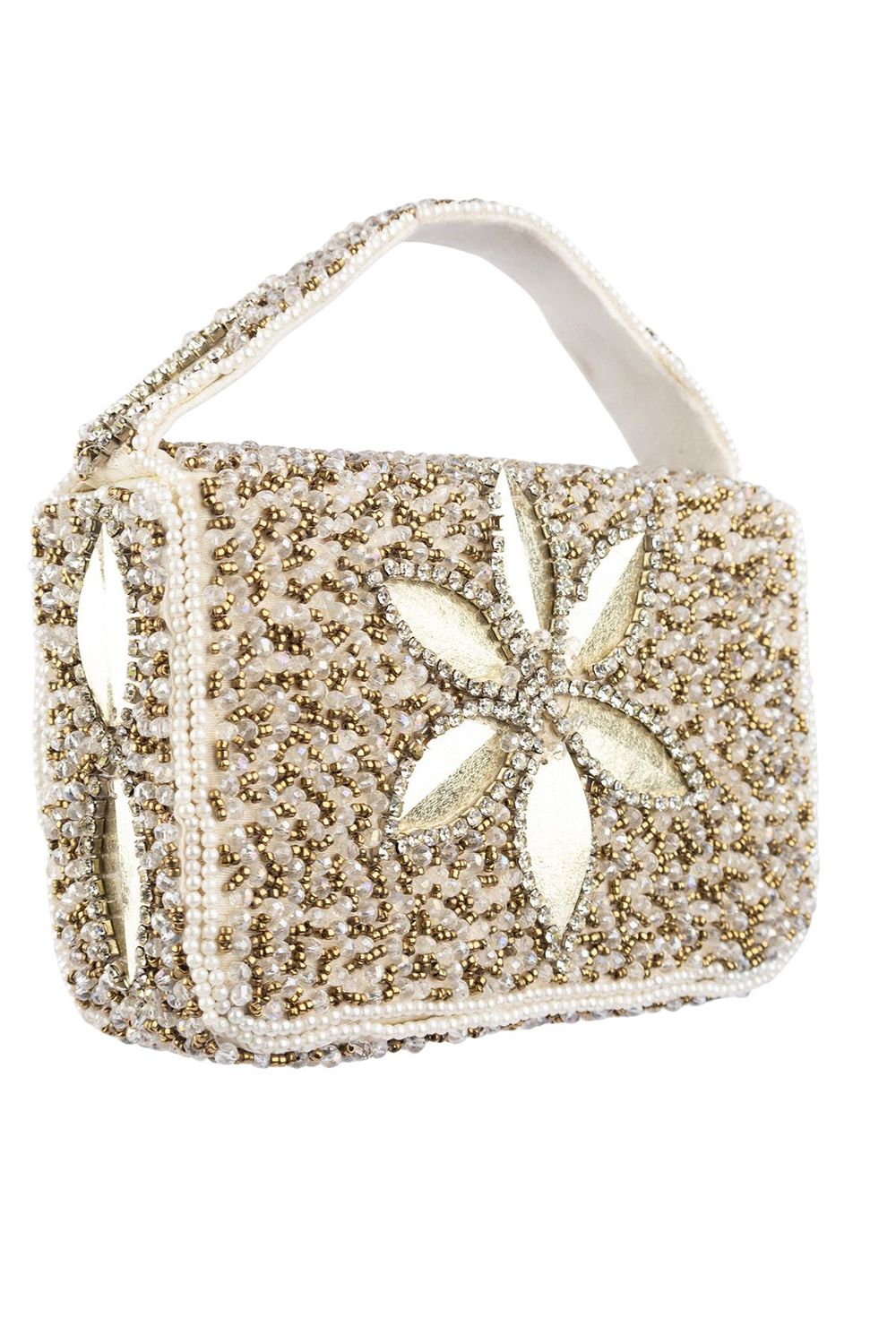 Silver hand-embellished mini clutch with diamond bead and crystal work with suede lining for party and wedding wear