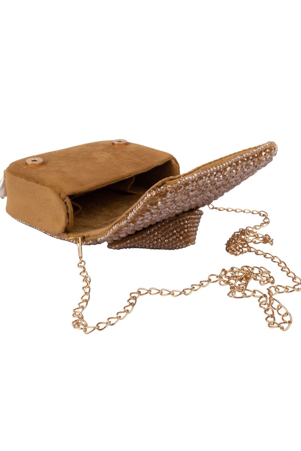 Gold crystal embellished evening handbag with structured design handle and chain strap for wedding and party wear