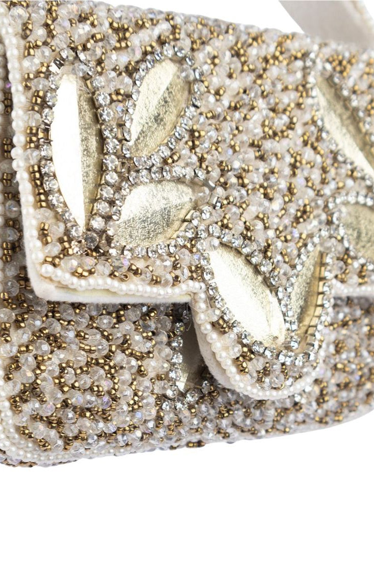 Silver hand-embellished mini clutch with diamond bead and crystal work with suede lining for party and wedding wear